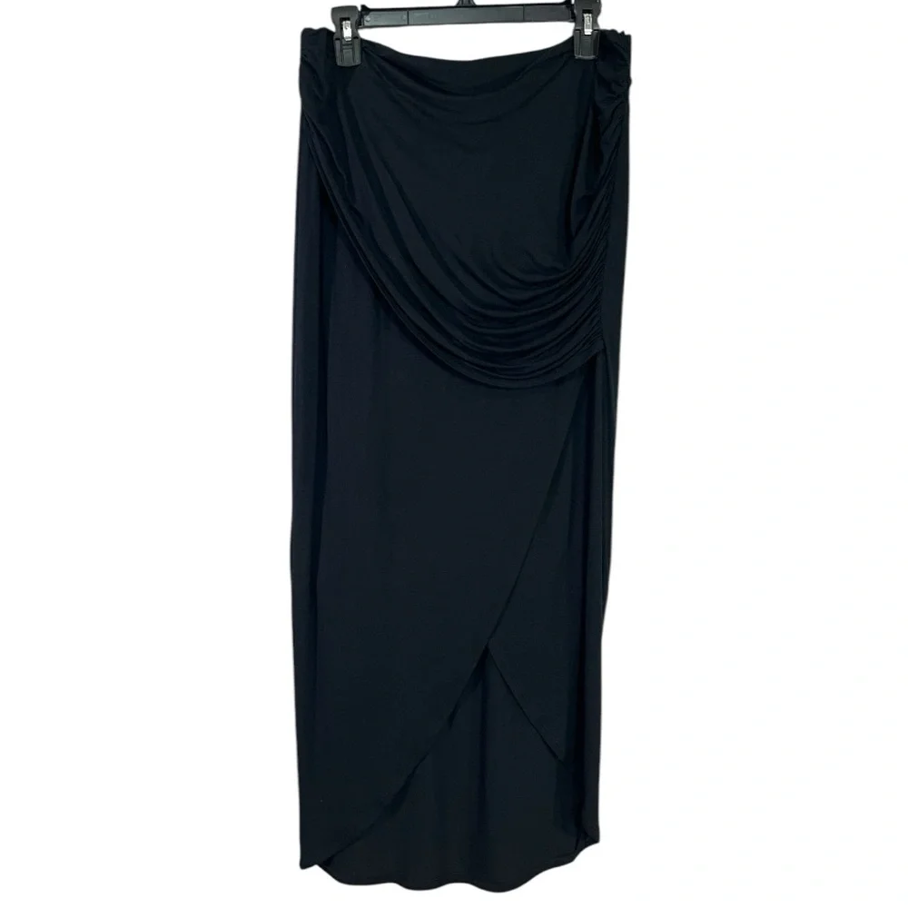 Cabi 5052  Black Run Around Ruched high low Stretchy knit Maxi Skirt size Medium